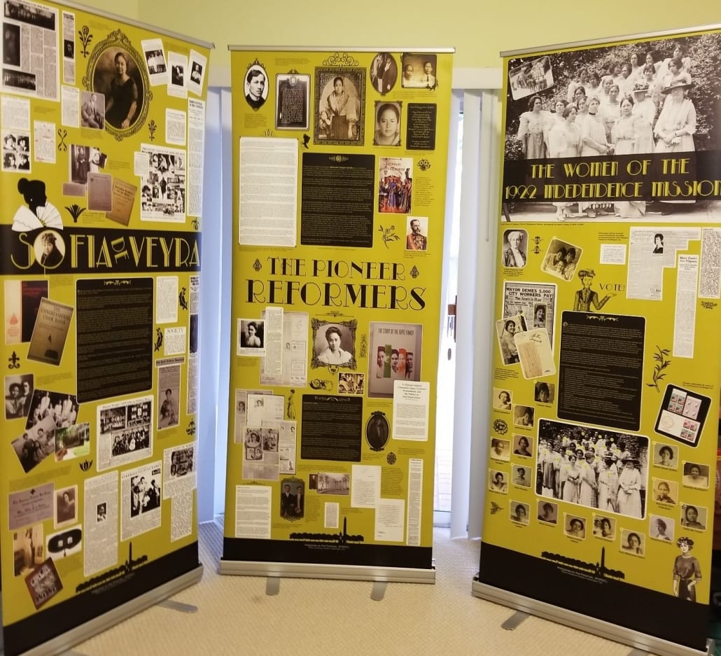 “The Washington Home of the Philippine Suffrage Movement” exhibit features large panels filled with black and white photos, scanned newspaper articles, and other historical information about Filipinas in the United States during the twentieth century.