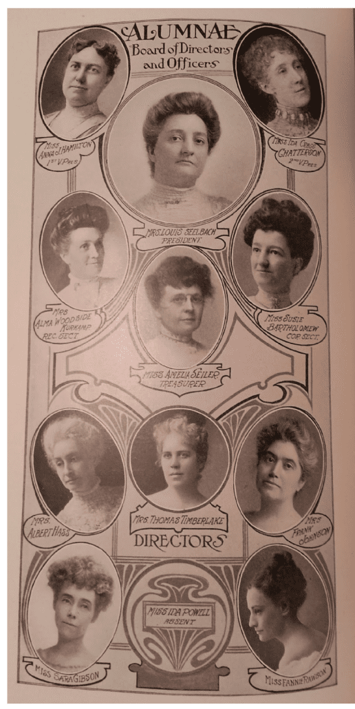 The inaugural 1908 issue of The Record, LGHS's yearbook, features portraits of the Alumnae Club leaders.