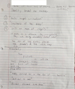 Figure 4. Image description: a photograph of a sheet of notebook paper with notes written in black ink: a numbered list 1 through 4 at the top, and phrases and quotations on the lower half of the page. 