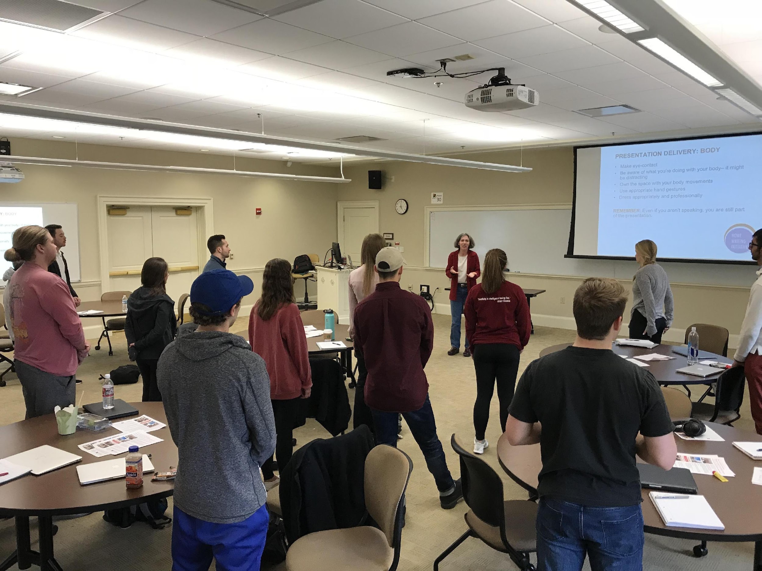 The HWI Director visits a marketing class to discuss effective presentation strategies. Photo by Tim R. Holcomb.