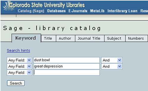 Screen shot of SAGE keyword search
