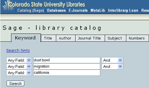 Screen shot of SAGE keyword search