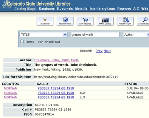 Screen shot of SAGE title search