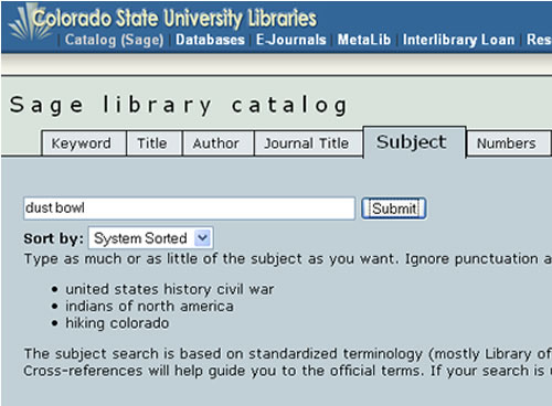 Screen shot of SAGE subject search