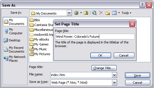 Adding a Title to a Web Page in Microsoft Word Title Dialog