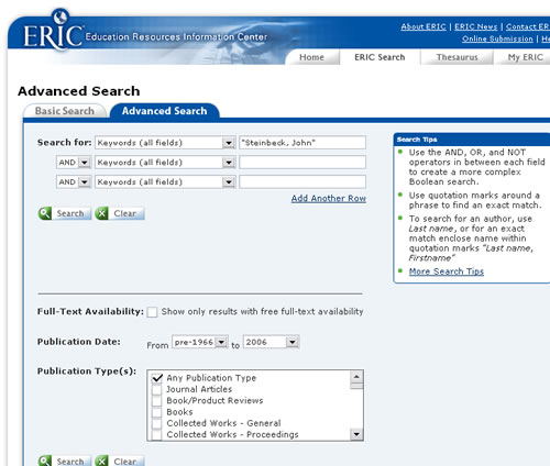 Screen shot of ERIC database