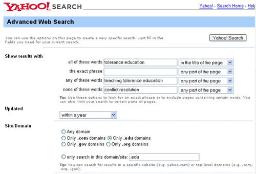 Screen shot of Yahoo advanced search
